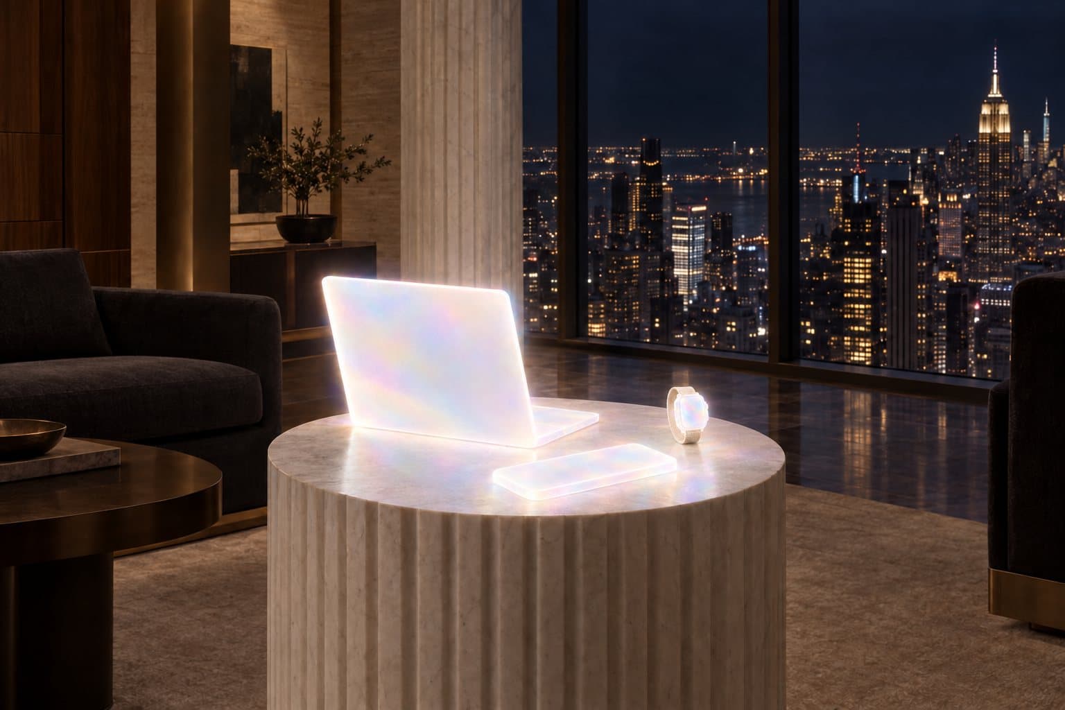 A glowing laptop, phone and watch together on a fluted white marble plinth, in a quiet salon high above Manhattan at night